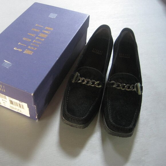 Comfortable Stuart Weitzman Luckyperf Black Sport Suede Decorative Buckle Loafer - Picture 2 of 4